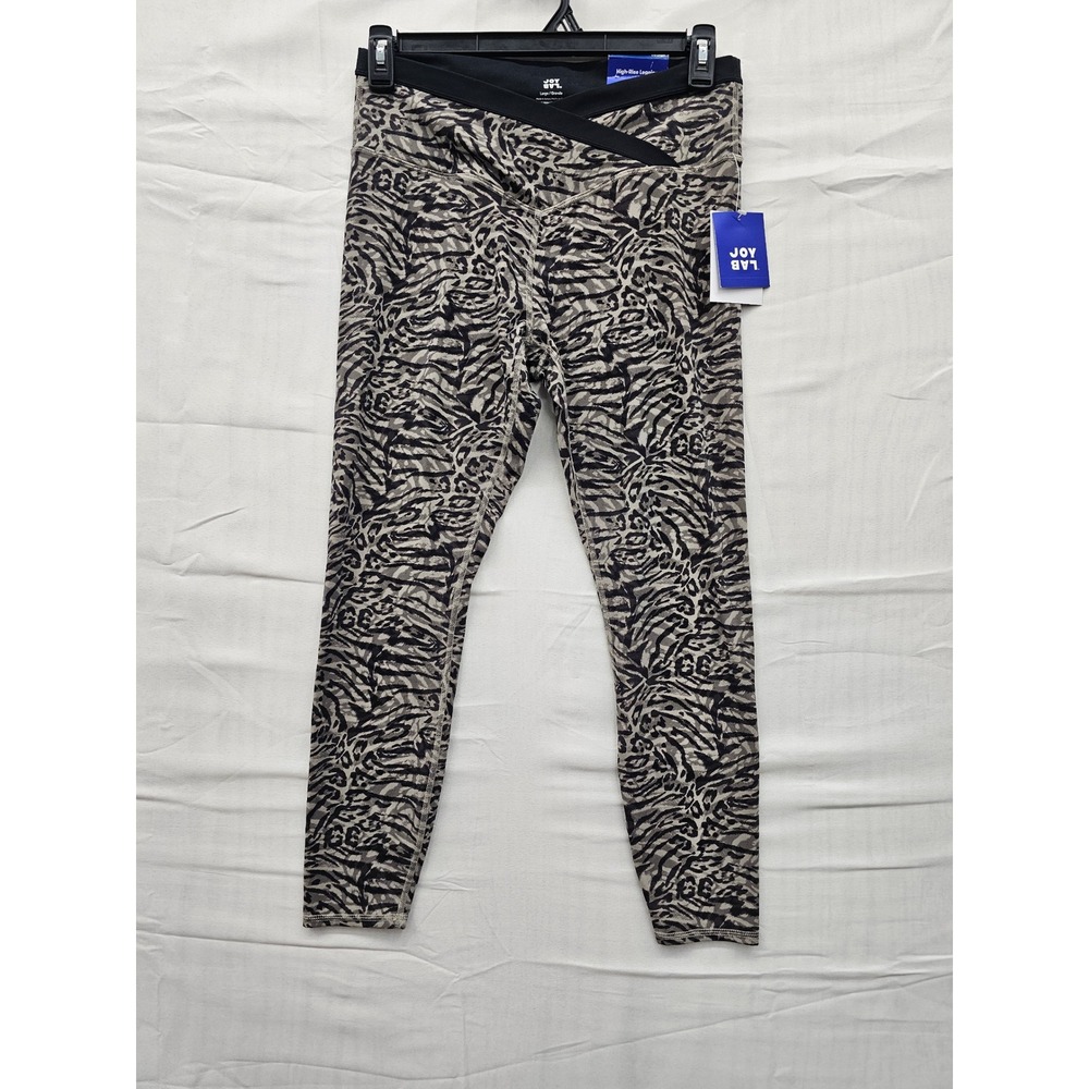 JoyLab Womens High-Rise 7/8 Leggings Black Zebra Animal Print Crossover Waist L